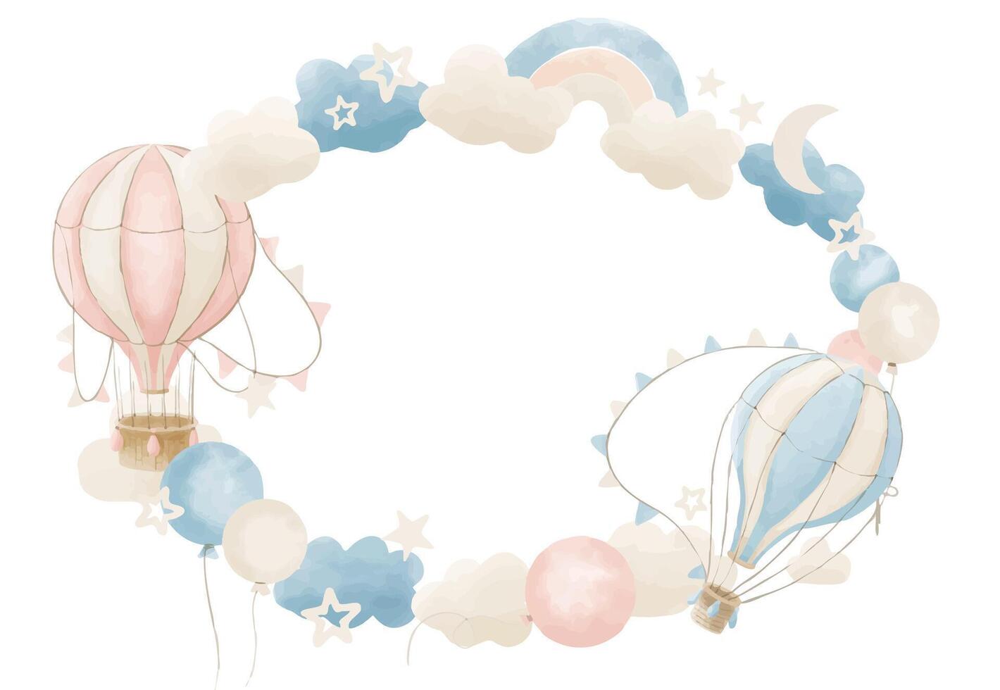 krans met heet lucht ballonnen in pastel kleuren. hand- getrokken circulaire kader met wijnoogst vliegtuigen met wolken en sterren voor baby douche groet kaarten of kind uitnodigingen Aan wit geïsoleerd achtergrond vector