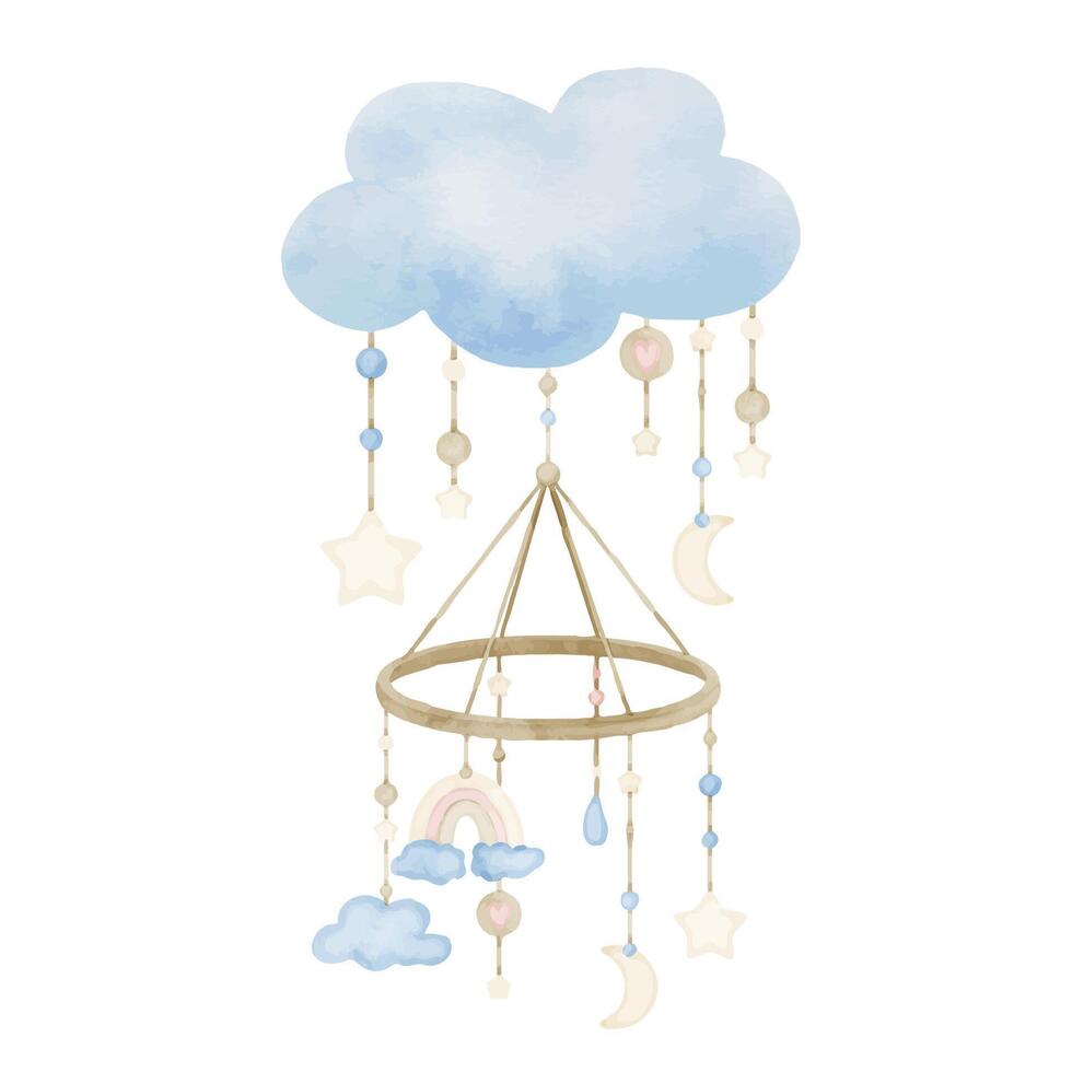 waterverf kinderachtig hangende speelgoed- met wolk. hand- getrokken illustratie van mobiel voor kind wieg. tekening in schattig pastel blauw en roze kleuren voor baby douche groet kaarten of kinderachtig uitnodigingen vector