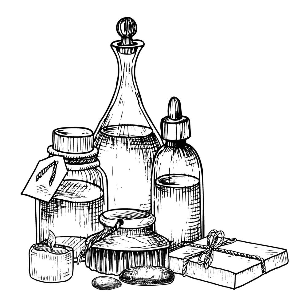 spa kunstmatig met wijnoogst flessen, zeep en borstel voor aromatherapie. hand- getrokken waterverf illustratie van lichaamsverzorging producten voor massage Aan geïsoleerd wit achtergrond. tekening van huid zorg toiletartikelen vector