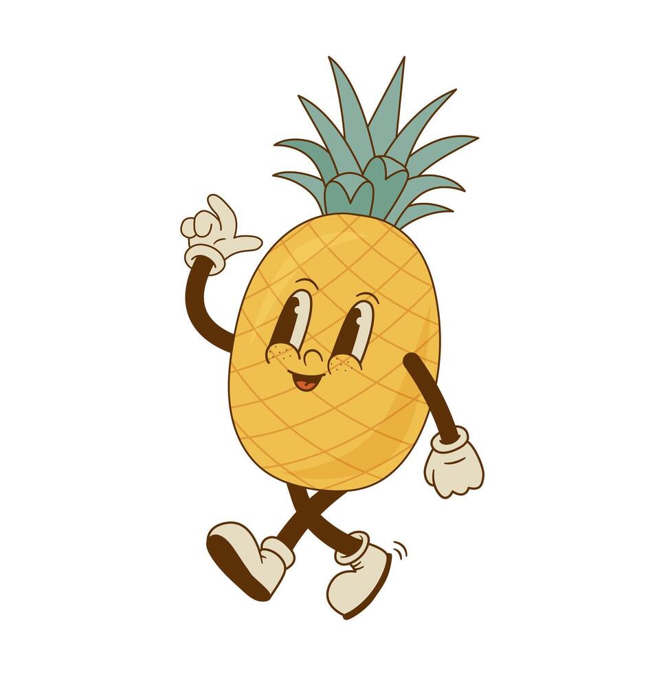grappig ananas mascotte geïsoleerd Aan wit achtergrond. glimlachen retro tekenfilm tropisch fruit karakter vector illustratie.