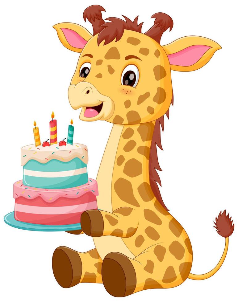 schattig giraffe tekenfilm Holding verjaardag taart vector illustratie. dier natuur icoon concept geïsoleerd premie vector