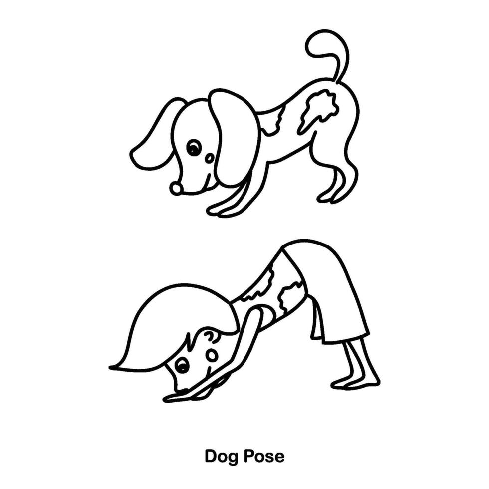 kinderen yoga hond houding. vector tekenfilm illustratie.