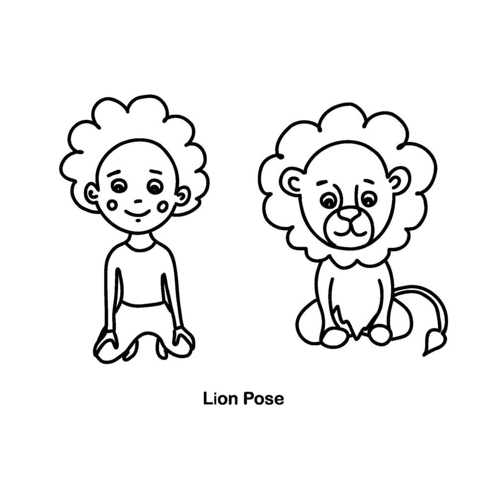 kinderen yoga leeuw houding. vector tekenfilm illustratie.