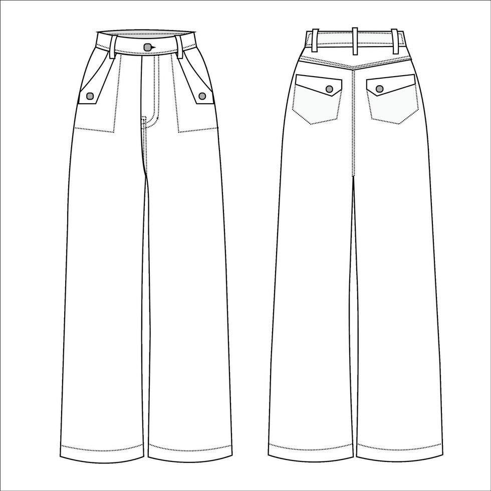 hoog taille denim breed been jeans met gedetailleerd zakken ontwerp. vlak technisch tekening sjabloon. denim jeans technisch mode illustratie, voorkant en terug visie, wit vector