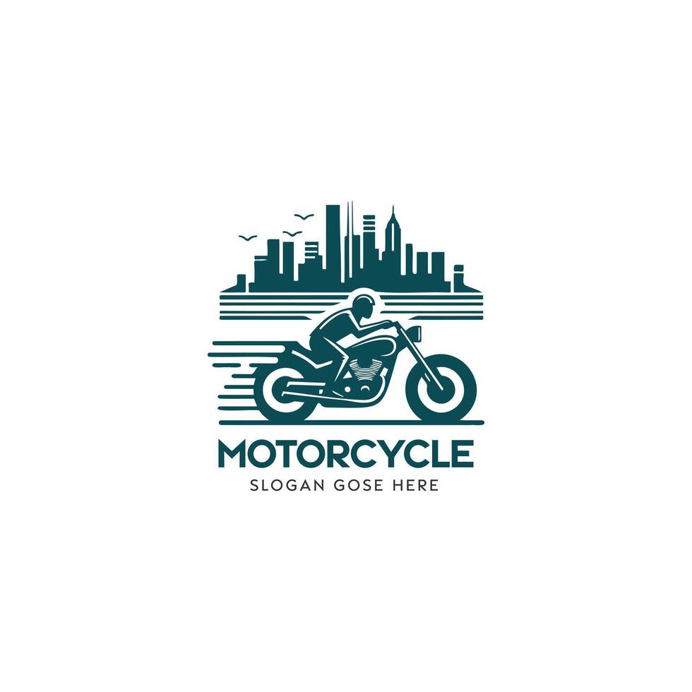 motorfiets merk logo met rijder en stedelijk horizon illustratie vector