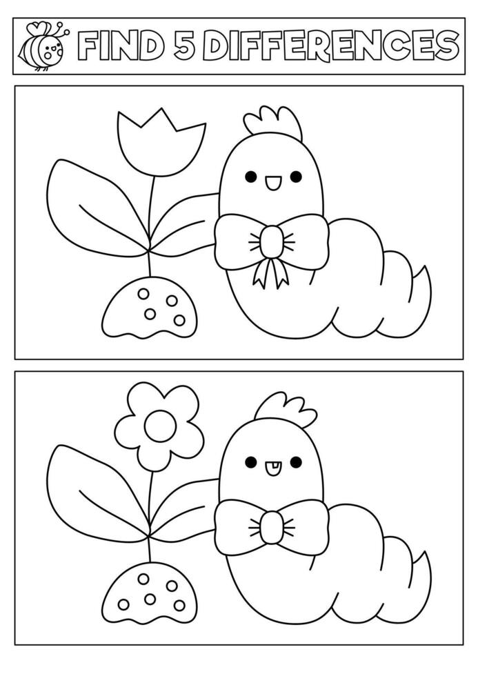 tuin zwart en wit kawaii vind verschillen spel. kleur bladzijde met schattig warm, bloem spruit. voorjaar vakantie puzzel voor kinderen met grappig karakter. afdrukbare wat is verschillend werkblad vector