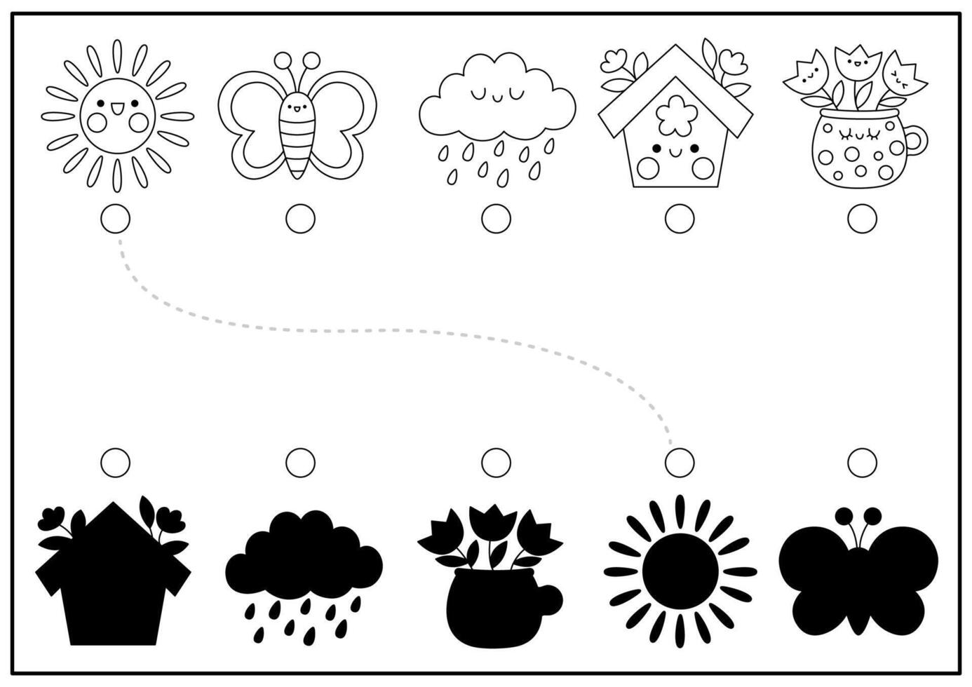 voorjaar zwart en wit schaduw bij elkaar passen werkzaamheid met schattig kawaii vakantie symbolen. Pasen vorm herkenning puzzel. vind correct silhouet afdrukbare werkblad. tuin kleur bladzijde vector