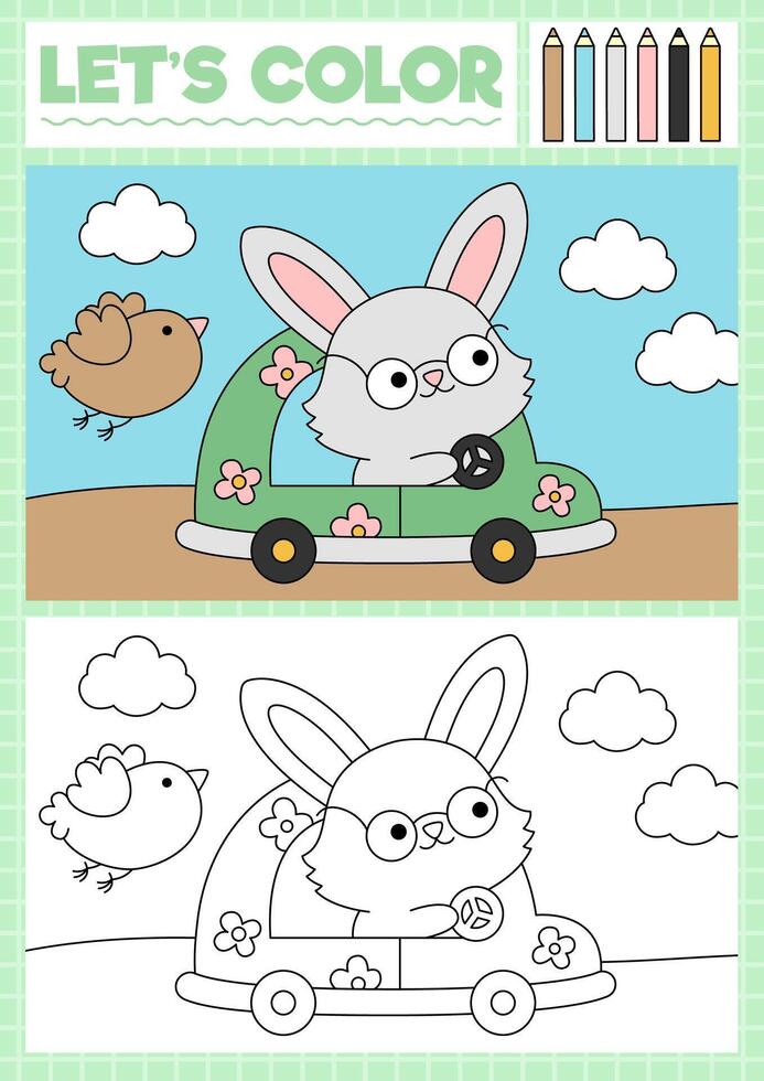 Pasen kleur bladzijde voor kinderen met schattig kawaii tafereel met konijn het rijden auto. vector voorjaar vakantie schets illustratie. kleur boek voor kinderen met gekleurde voorbeeld. tekening afdrukbare werkblad