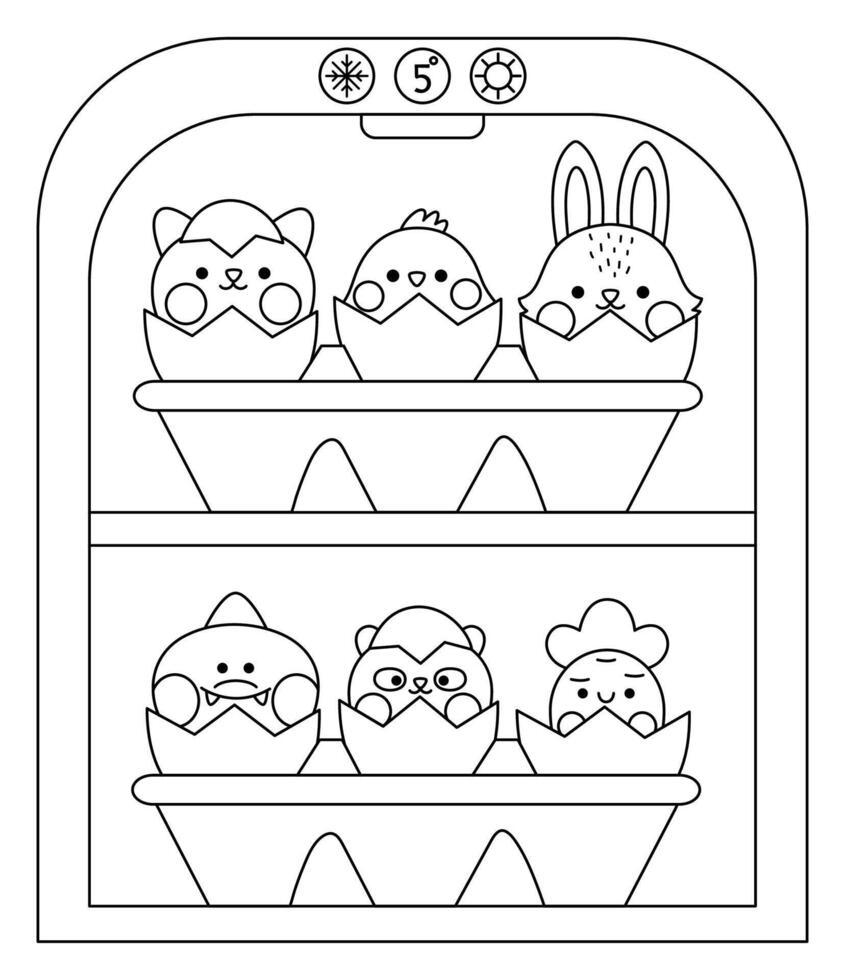 vector zwart en wit kawaii koelkast met ei verpakking en uitkomen dieren binnen. Pasen illustratie met schattig kat, kuiken en konijn zittend in eierschaal. schattig voorjaar kleur bladzijde voor kinderen