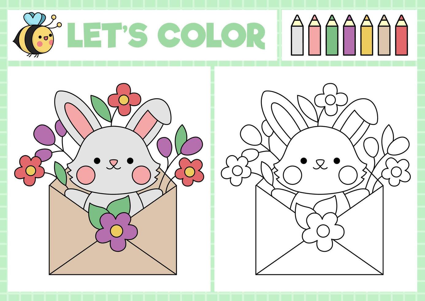 Pasen kleur bladzijde voor kinderen met schattig kawaii konijn in envelop met bloemen. vector voorjaar vakantie schets illustratie. kleur boek voor kinderen met gekleurde voorbeeld. tekening afdrukbare werkblad