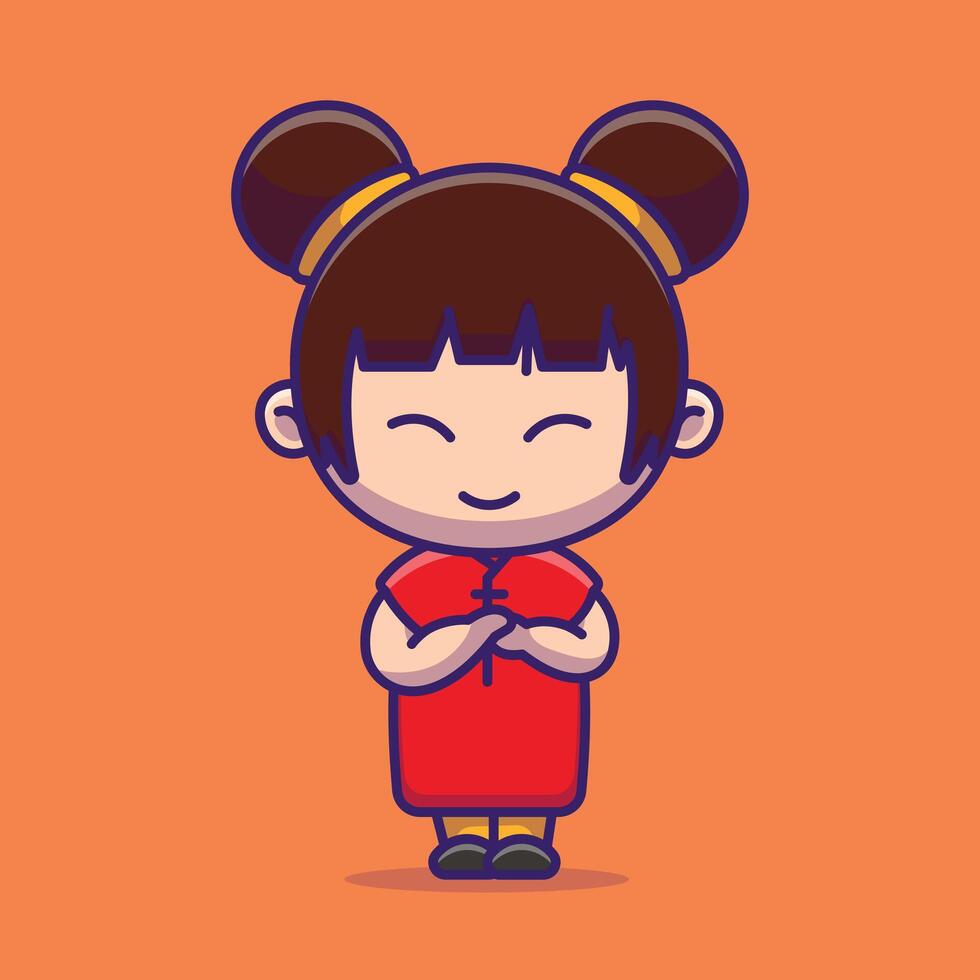 schattig Chinese meisje groet gelukkig Chinese nieuw jaar tekenfilm vector illustratie Chinese maan- nieuw jaar concept icoon geïsoleerd