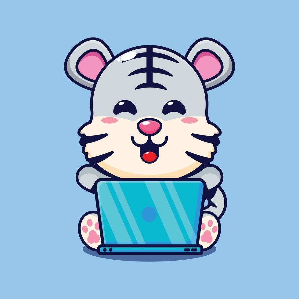 wit tijger met laptop tekenfilm vector illustratie.