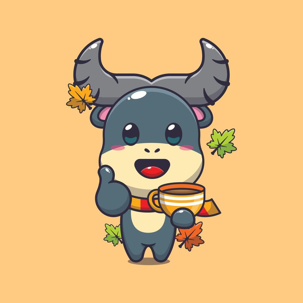 schattig buffel met koffie in herfst seizoen. vector