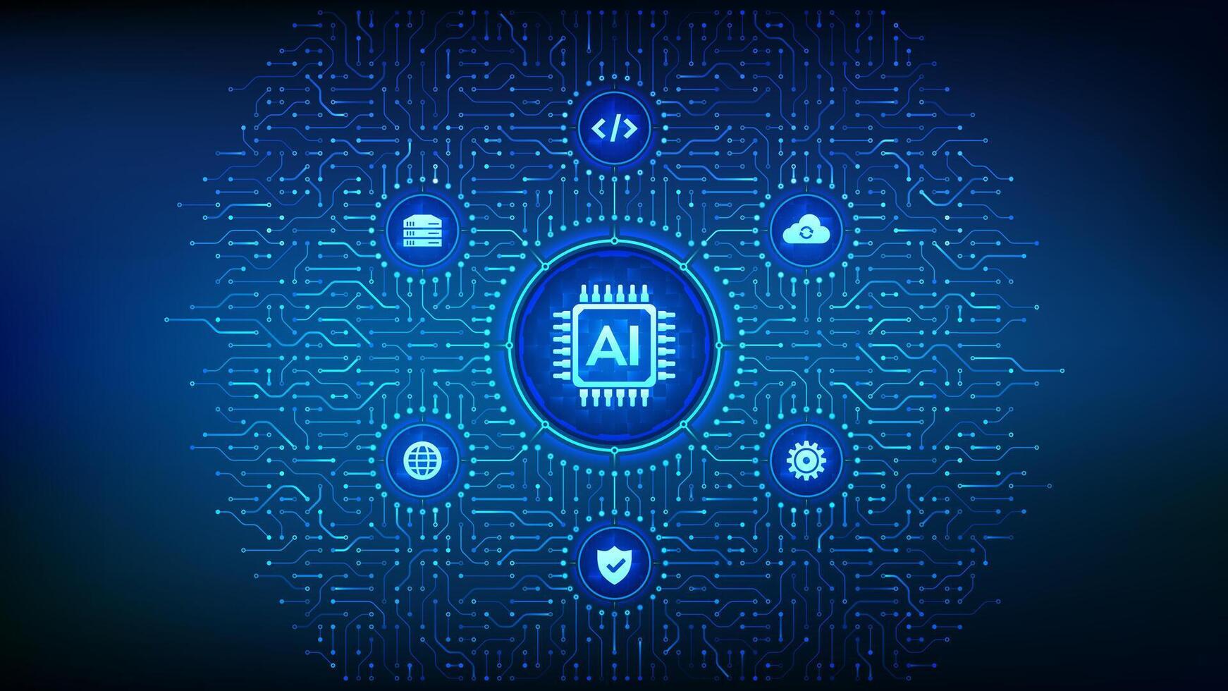 ai. kunstmatig intelligentie. machine aan het leren technologie. groot gegevens analyse. diep aan het leren. neurale netwerken. achtergrond met stroomkring bord verbindingen en tech pictogrammen. vector illustratie.