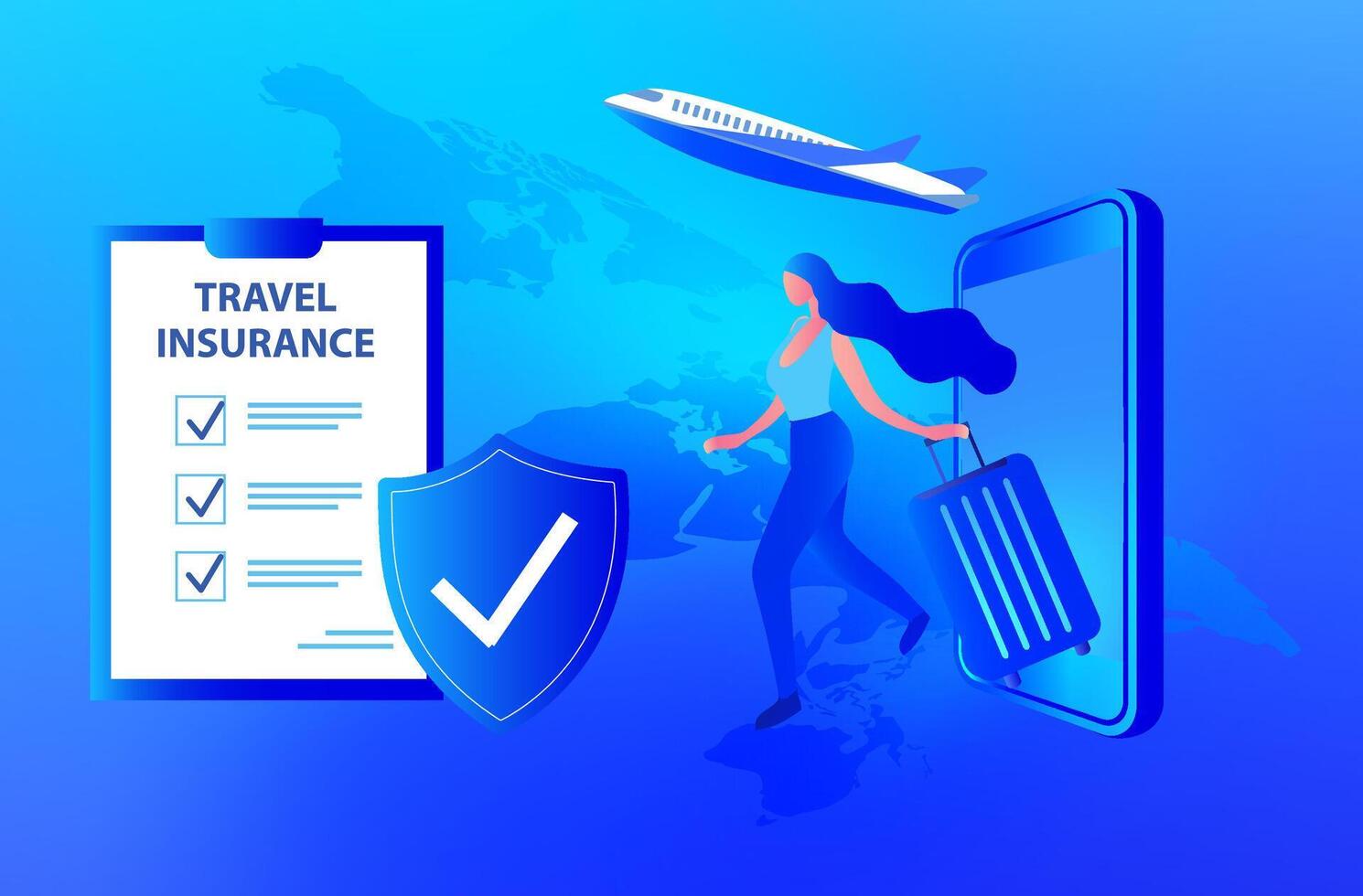 reizen verzekering concept. reizen verzekering het beleid met vliegtuig, bagage en bescherming schild Aan smartphone vector illustratie