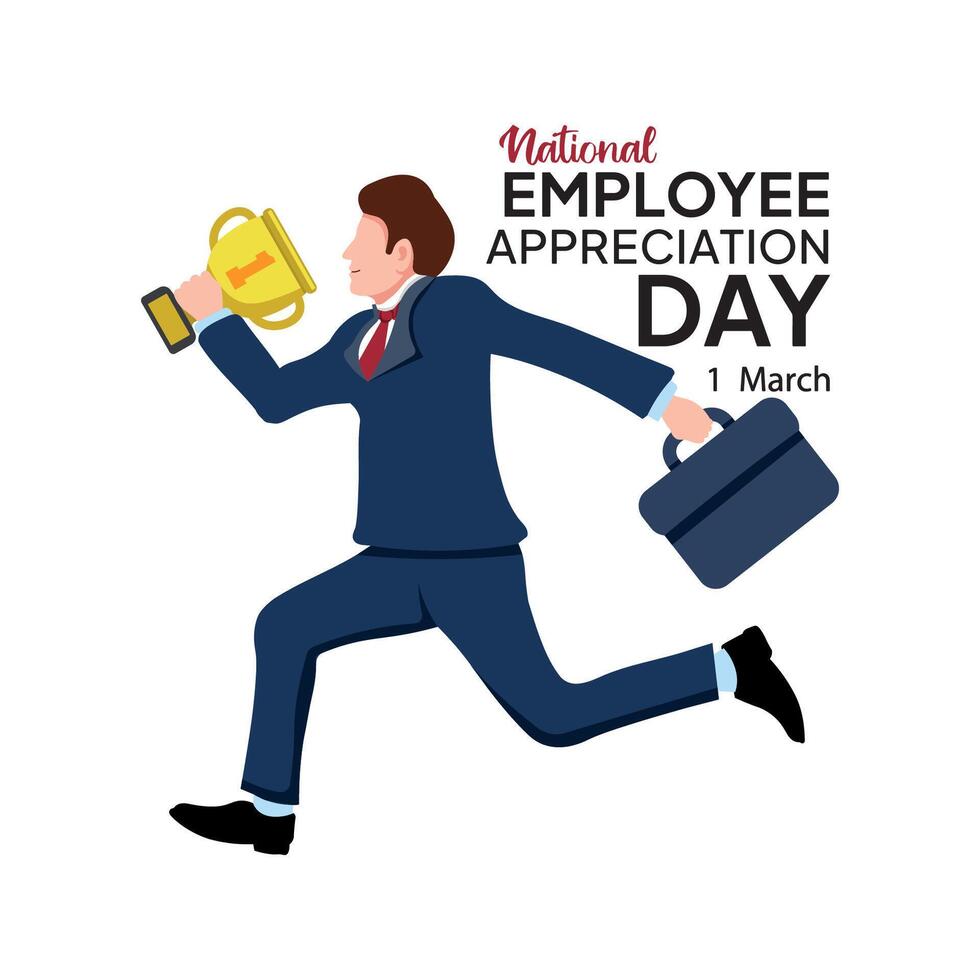werknemer waardering dag, illustratie van gelukkig werknemer draag- een trofee vector