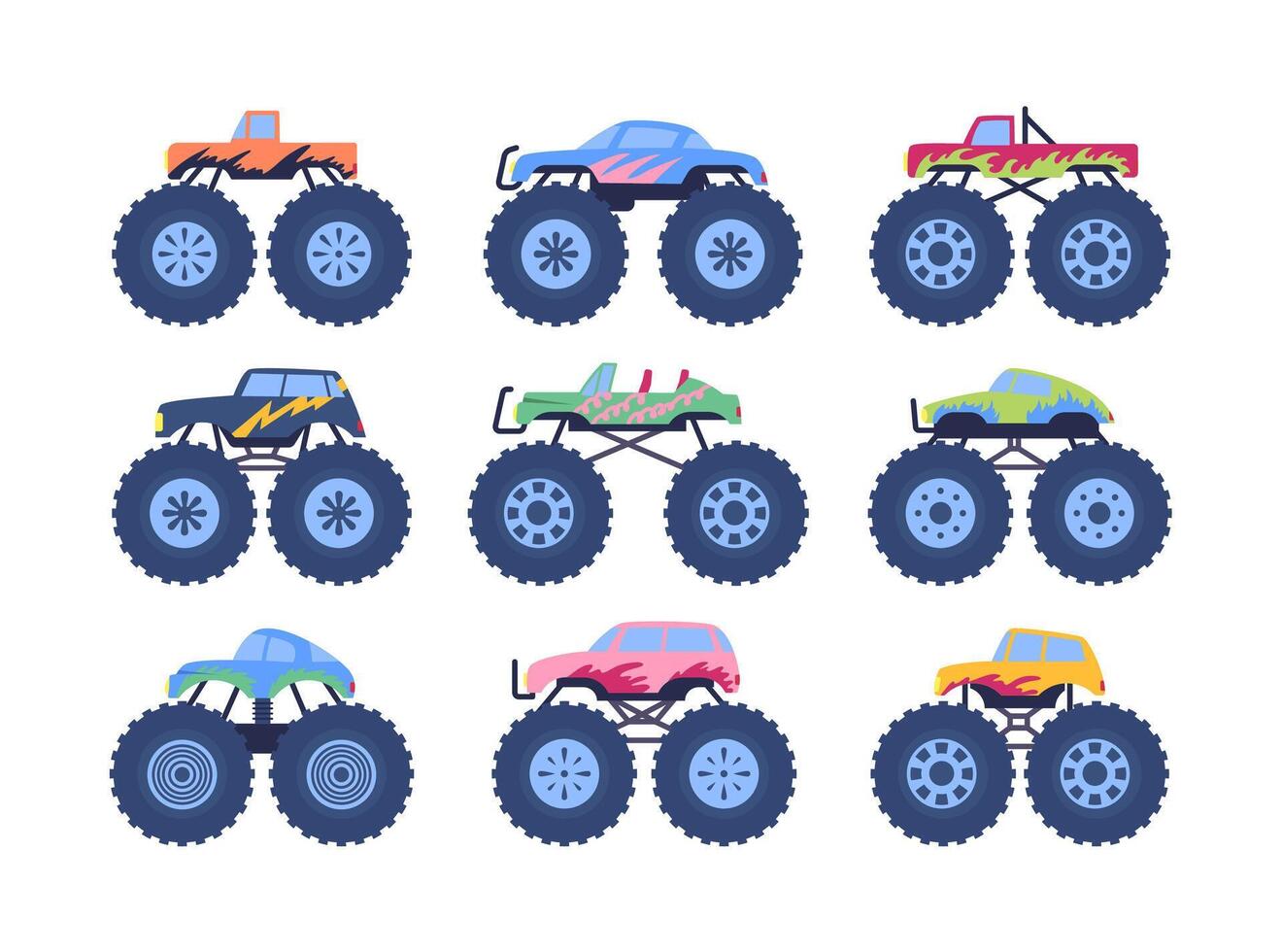 tekenfilm kleur verschillend monster vrachtauto icoon set. vector