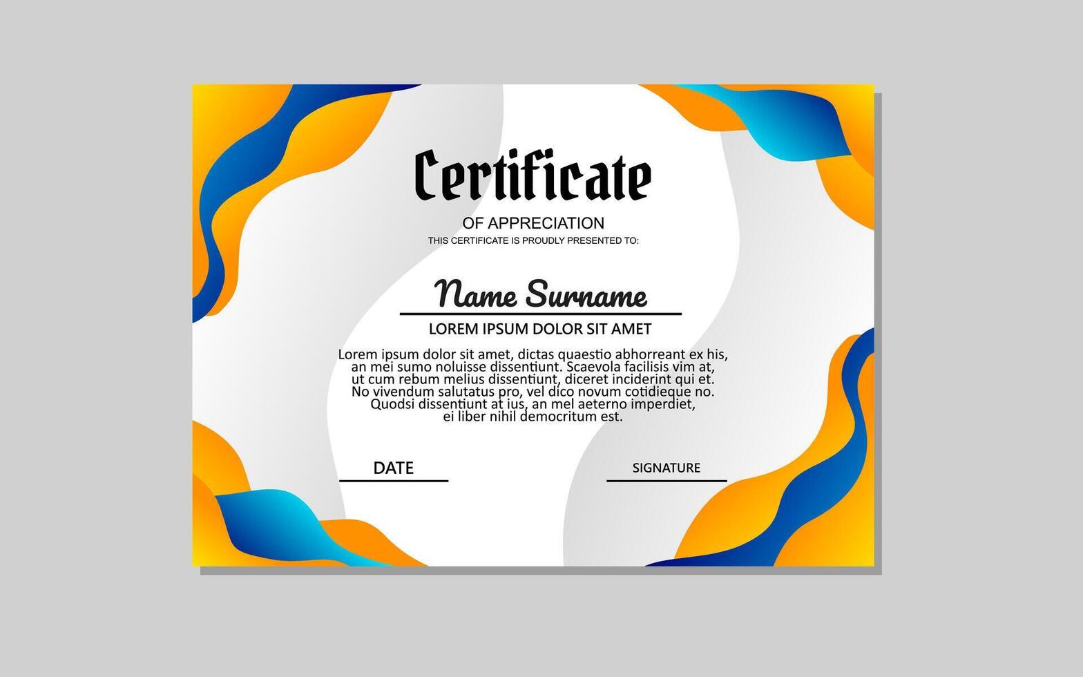 certificaat sjabloon in oranje en blauw kleuren in abstract stijl. vector