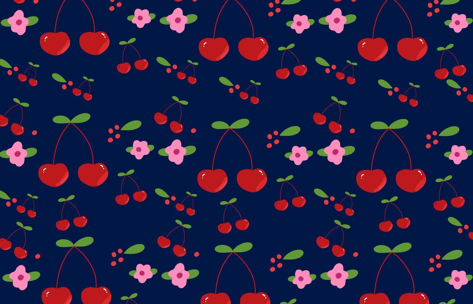 naadloos modern abstract kers en bloemen patroon illustratie voor kleding stof, textiel, behang, muur decor, verpakking ontwerp, omhulsel papier, behang, achtergrond. rood en geel bloemen Aan donker blauw vector