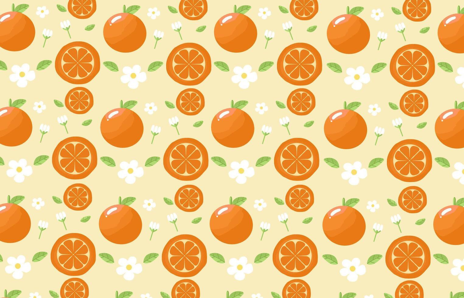 naadloos fruit patroon met oranje, bloemen, bladeren, oranje plak. herhalen achtergrond met zomer fruit Aan geel. gebruik voor kleding stof, geschenk wrap, verpakking, omhulsel papier, spandoeken, tafelkleden vector