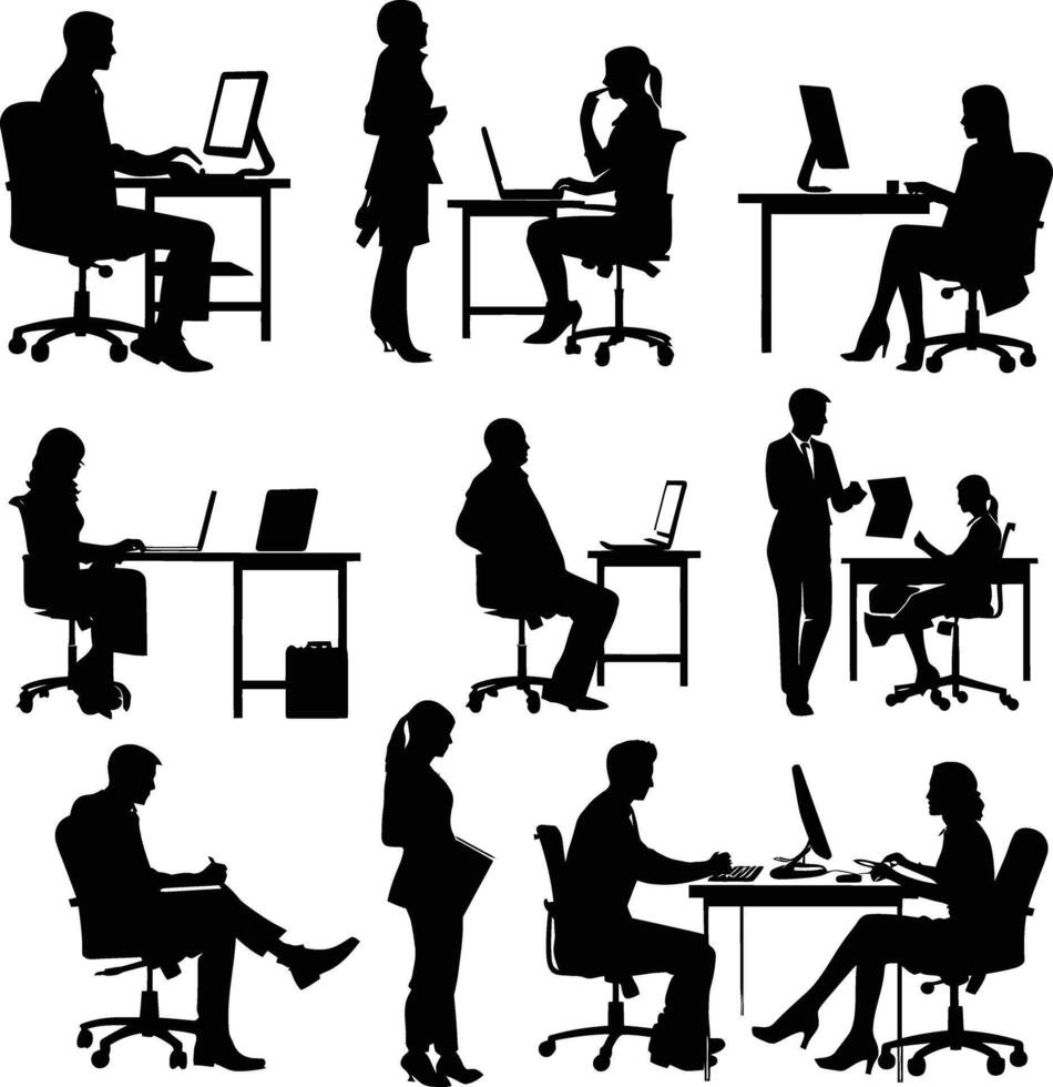 ai gegenereerd silhouet kantoor medewerkers bespreken Bij werk bureau zwart kleur enkel en alleen vector
