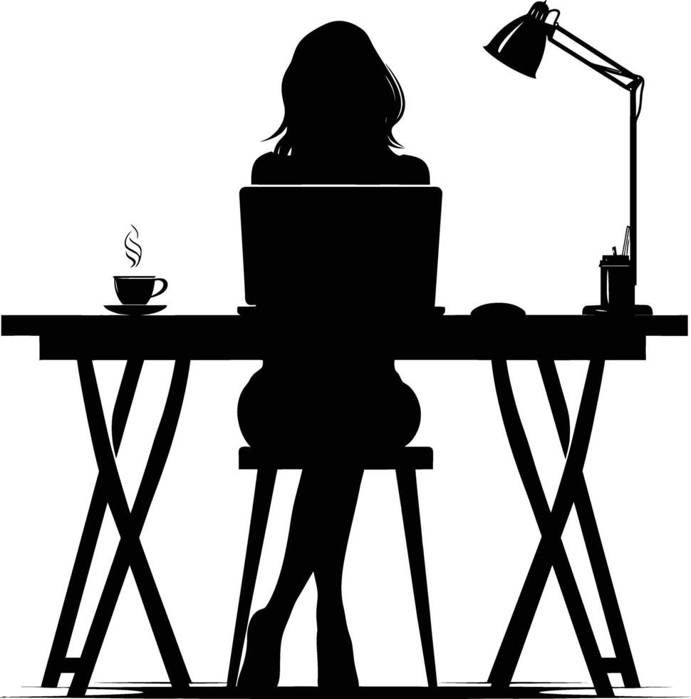 ai gegenereerd silhouet kantoor bureau met laptop en koffie met Dames werken binnen vector