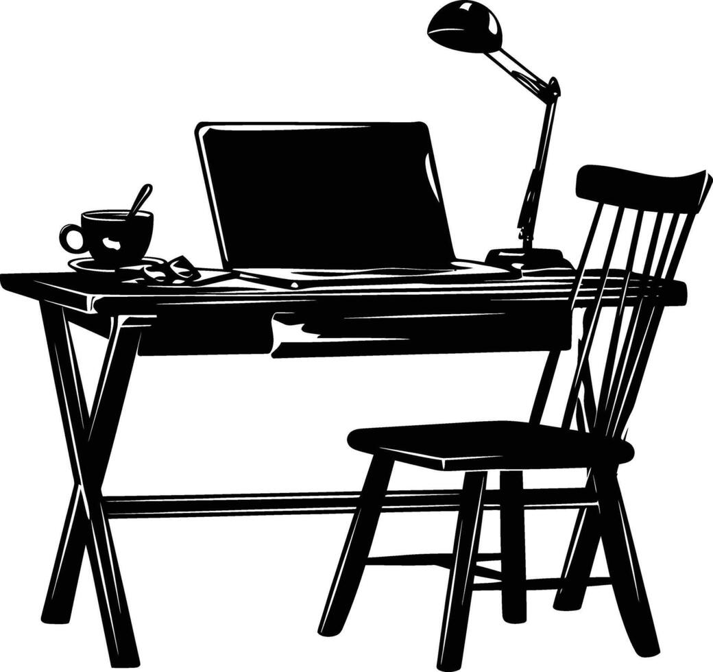 ai gegenereerd silhouet kantoor bureau met laptop en koffie zwart kleur enkel en alleen vector