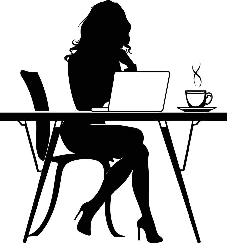 ai gegenereerd silhouet kantoor bureau met laptop en koffie met Dames werken binnen vector