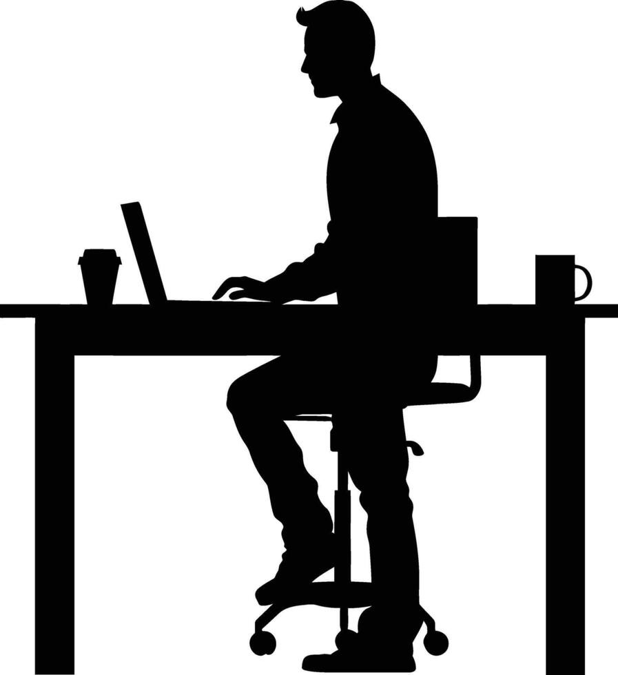 ai gegenereerd silhouet kantoor bureau met laptop en koffie zwart kleur enkel en alleen vector