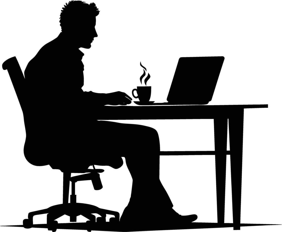 ai gegenereerd silhouet kantoor bureau met laptop en koffie zwart kleur enkel en alleen vector