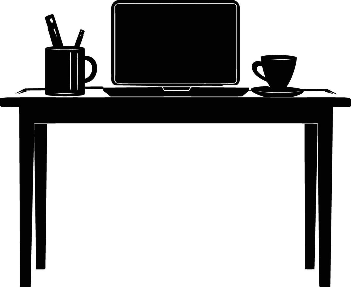 ai gegenereerd silhouet kantoor bureau met laptop en koffie zwart kleur enkel en alleen vector