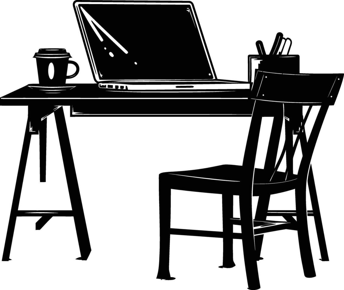 ai gegenereerd silhouet kantoor bureau met laptop en koffie zwart kleur enkel en alleen vector