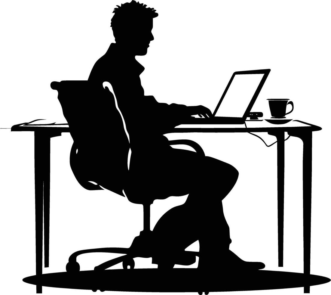 ai gegenereerd silhouet kantoor bureau met laptop en koffie zwart kleur enkel en alleen vector