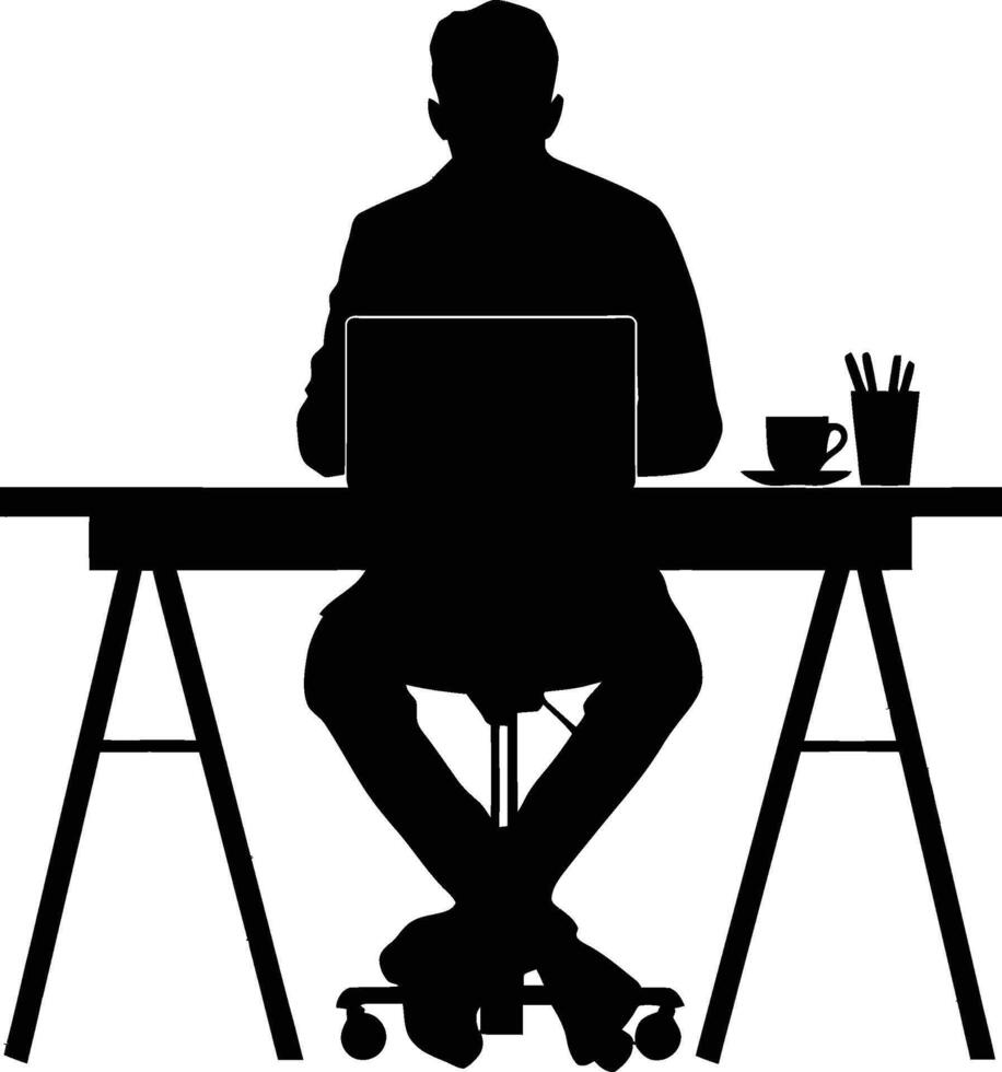 ai gegenereerd silhouet kantoor bureau met laptop en koffie zwart kleur enkel en alleen vector