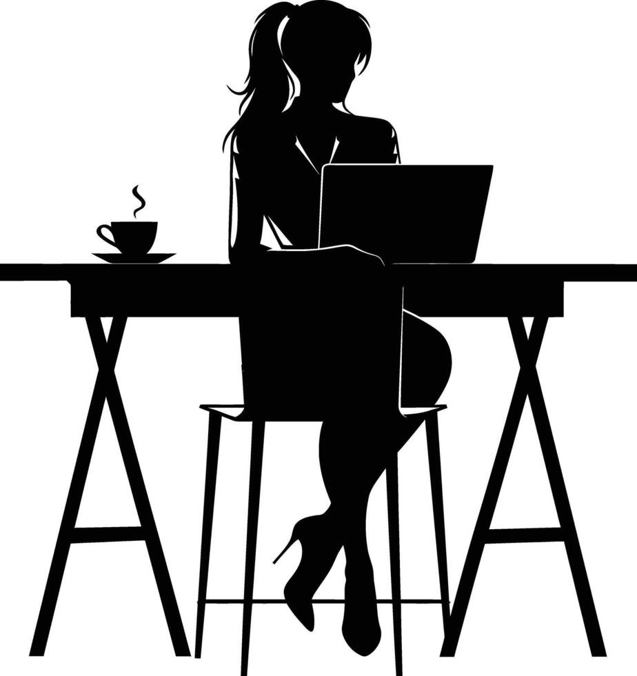 ai gegenereerd silhouet kantoor bureau met laptop en koffie met Dames werken binnen vector