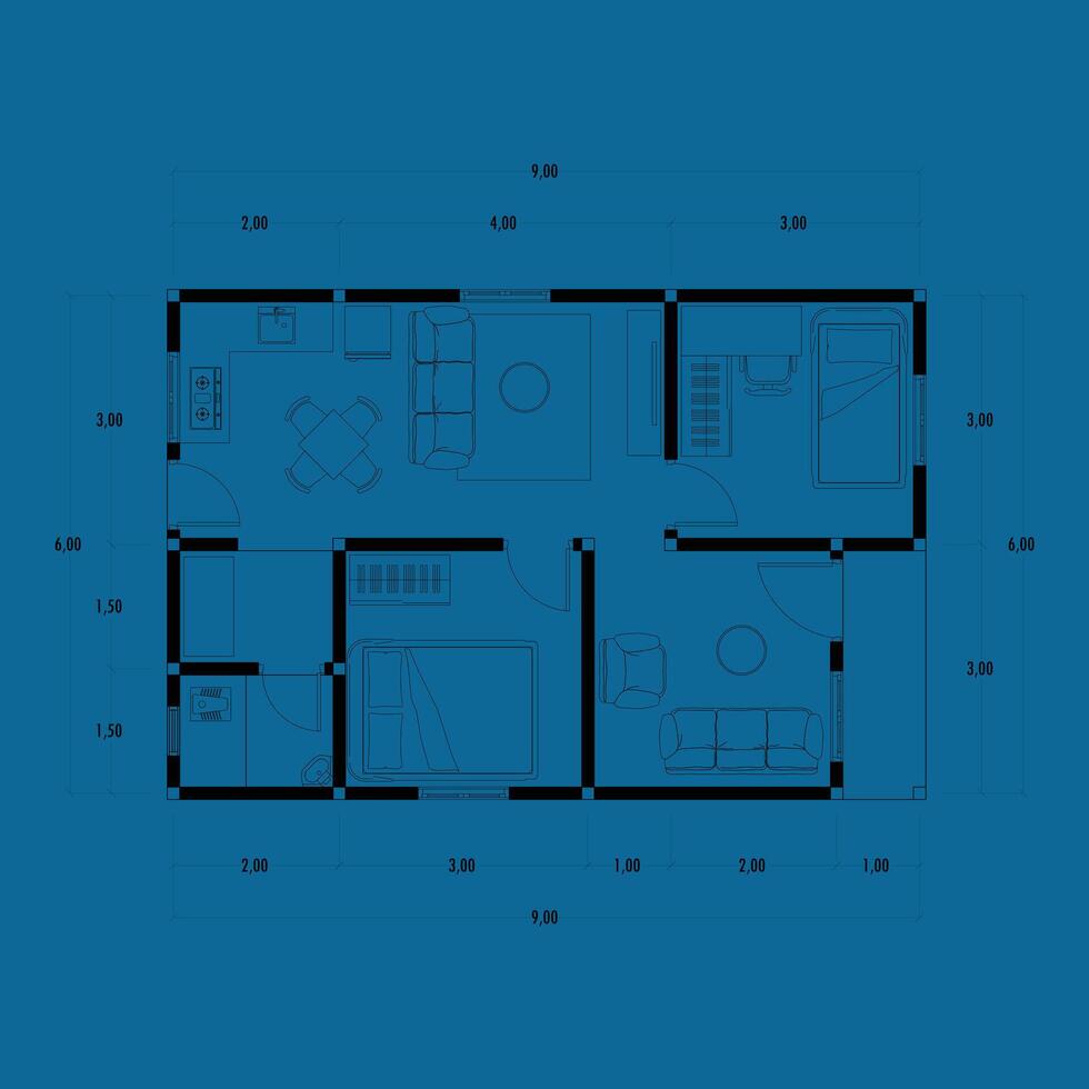architectuur plan met meubilair. huis verdieping plan, geïsoleerd Aan blauw achtergrond, voorraad illustratie. vector eps 10.