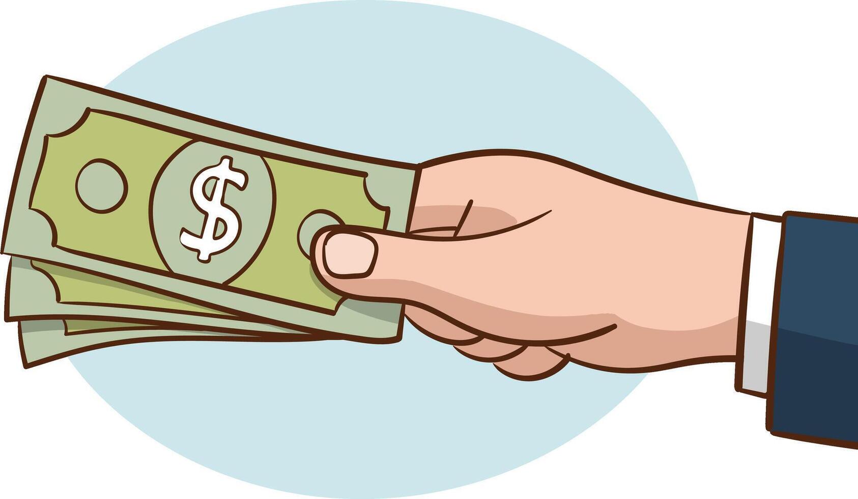 hand- Holding een dollar rekening. vector illustratie van een hand- geven geld.zakenman Holding contant geld zak geven betaling geld en bankbiljet dollars