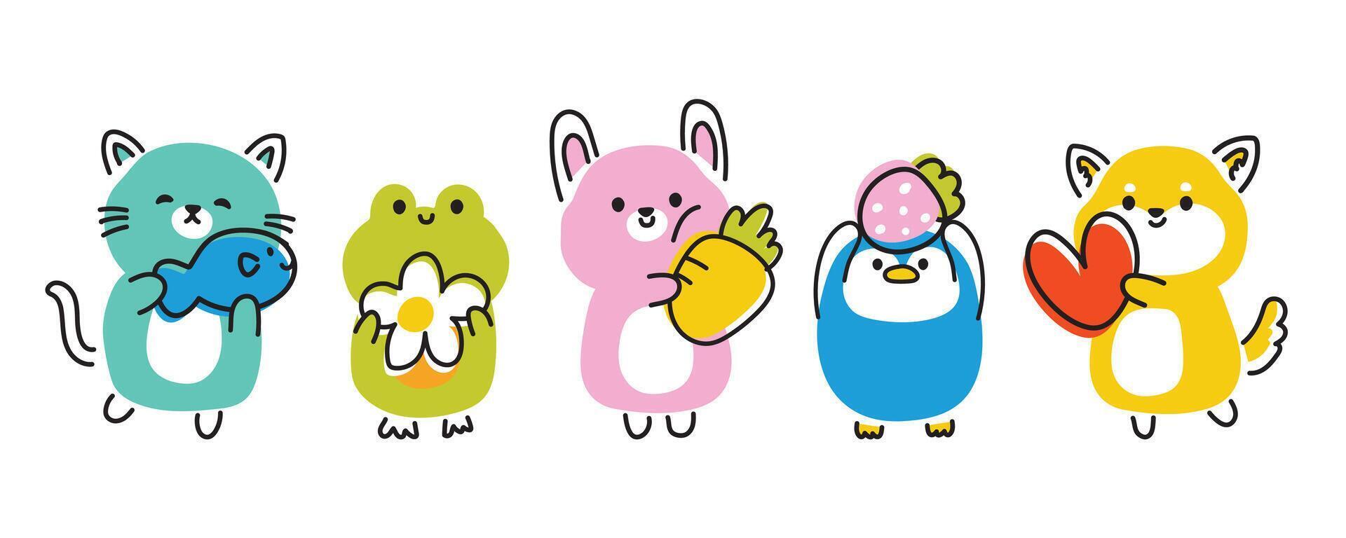 reeks van schattig dieren lijn hand- getrokken stijl met divers voorwerp staan Aan wit achtergrond.kat, kikker, konijn, pinguïn, shiba inu hond collectie.kawaii.vector.illustratie. vector