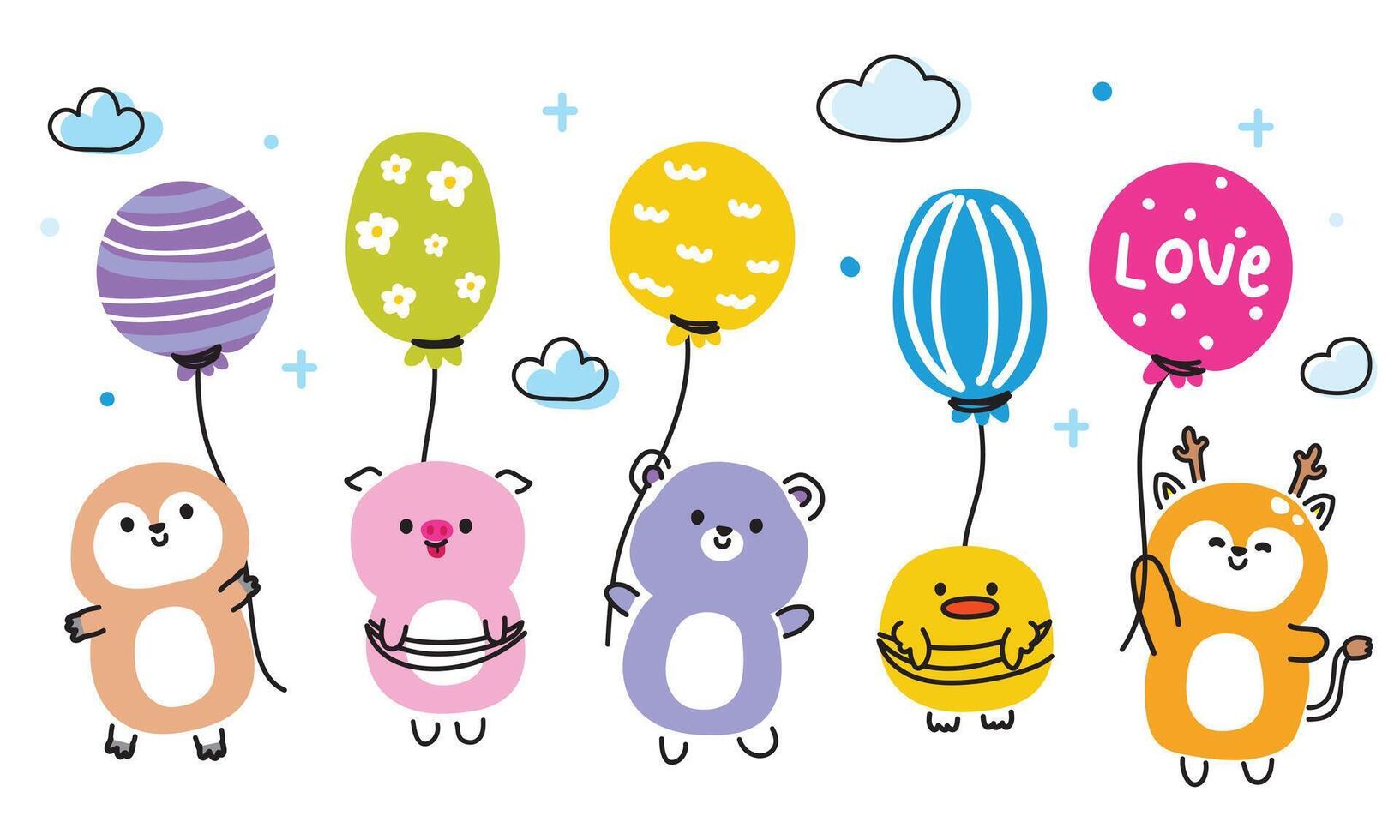 reeks van schattig dieren lijn hand- getrokken stijl houden kleurrijk ballon Aan wolk lucht achtergrond.luiaard,varken,teddy beer, kuiken, hert tekenfilm collectie.kawaii.vector.illustratie. vector