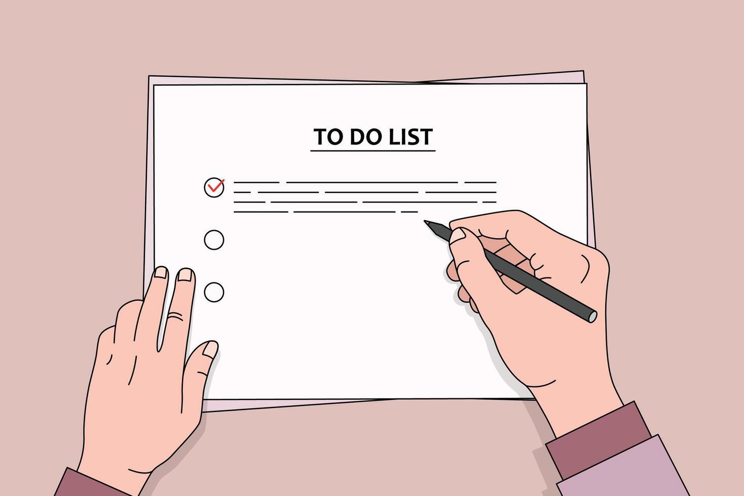 hand- schrijven naar Doen lijst met een pen Aan een checklist Notitie papier. hand- getrokken stijl vector illustratie