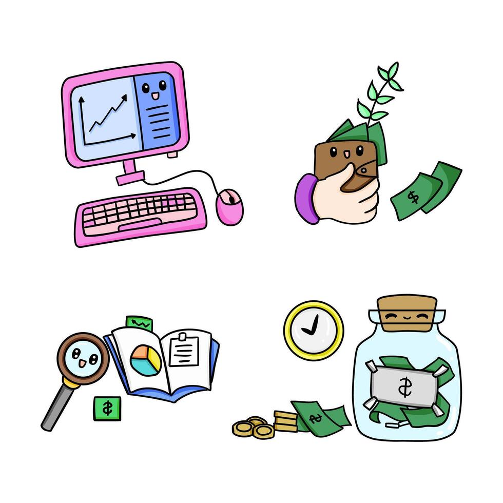 schattig kawaii financieel stickers verzameling vector