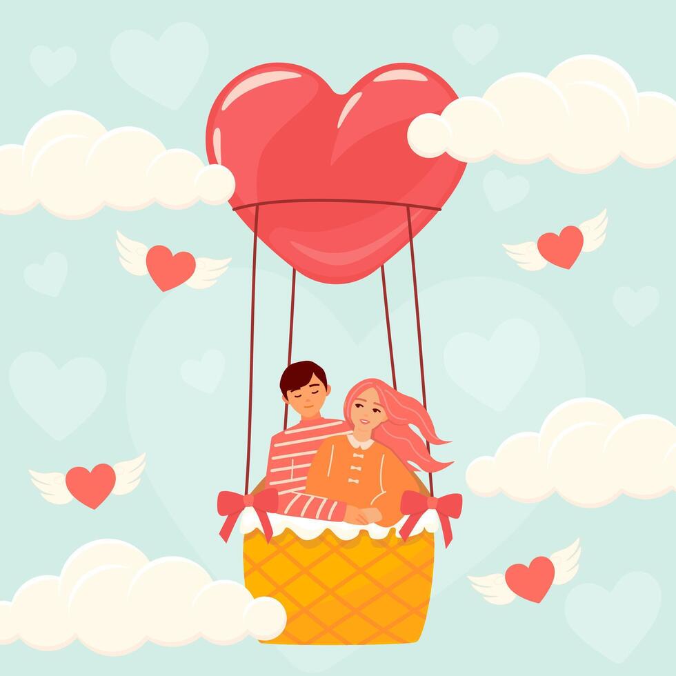 Valentijnsdag dag kaart met mooi gelukkig paar van jong vrouw en Mens Holding omarmen elk andere in hete lucht ballon. romantisch illustratie van mensen dating en in liefde vector