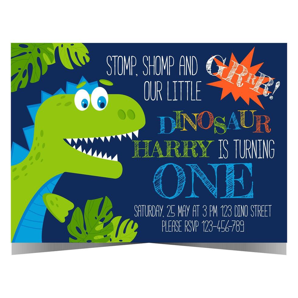 dinosaurus partij uitnodiging poster of banier voor kinderen verjaardag. vector illustratie met grappig tekenfilm dino uitnodigend jongens en meisjes naar vieren verjaardag in gelukkig en vrolijk sfeer.