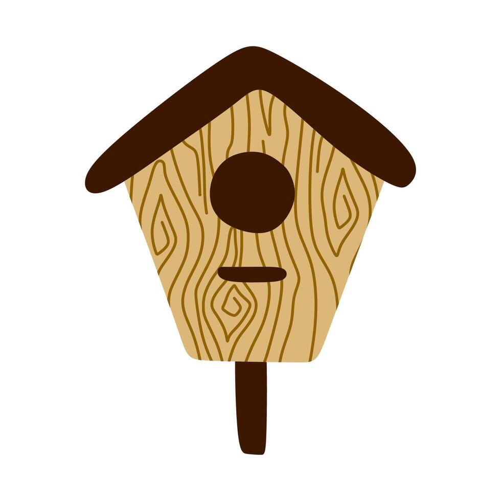 schattig houten vogelhuisje met venster. vogel voeder, gebouwen gemaakt van planken. vogel dag, natuur bescherming. ambachten gemaakt van hout, tuin decoratie. voorjaar nest, vector illustratie geïsoleerd Aan wit.