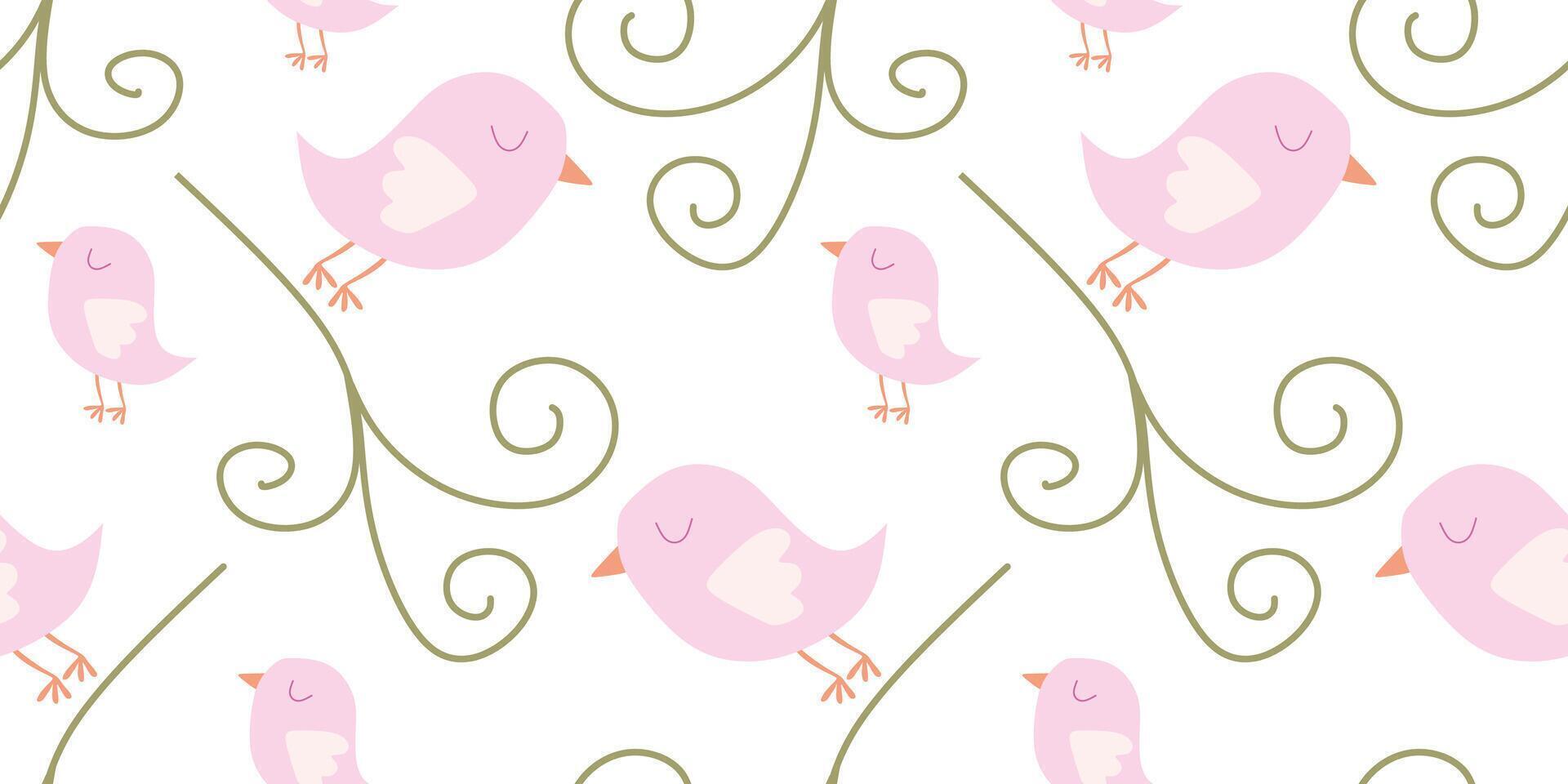 schattig naadloos patroon met tekenfilm vogelstand en floreren. voorjaar vector vlak achtergrond in pastel kleuren. sjabloon voor achtergronden, patroon vult, web bladzijde banier, oppervlakte texturen, kleding stof