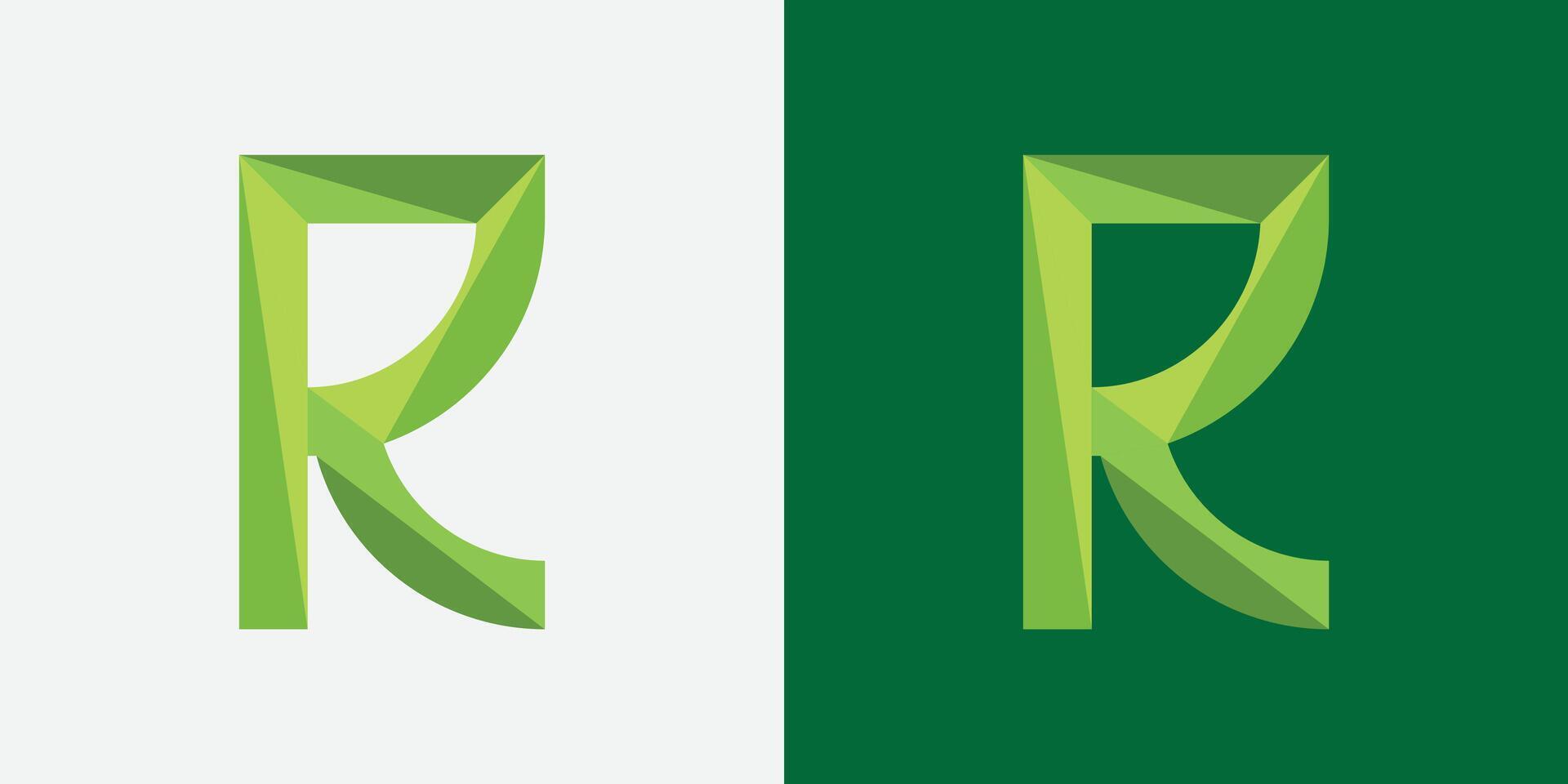 veelhoekige r logo ontwerp met groen kleur tinten. meetkundig r logo vector