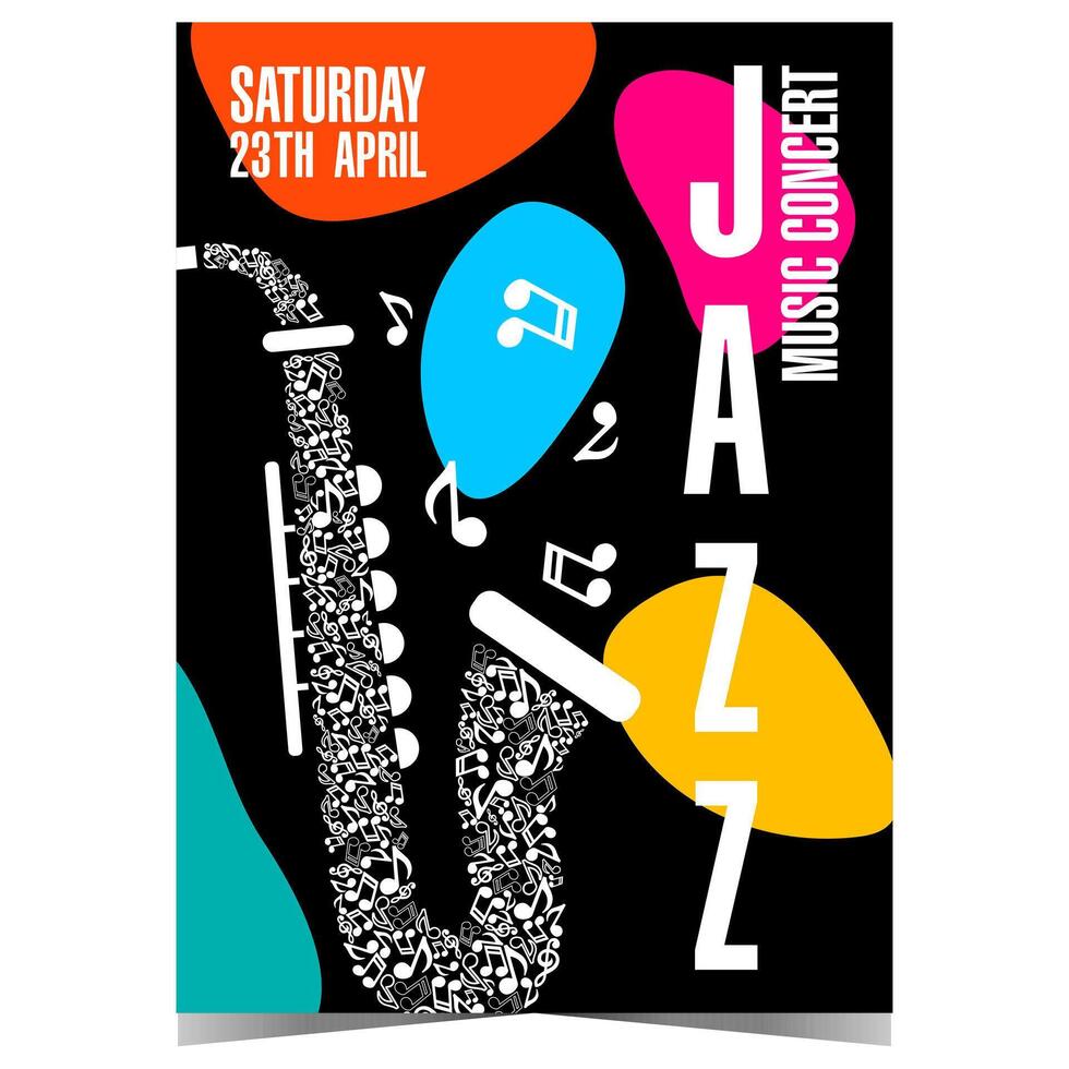 jazz- muziek- concert uitnodiging met een saxofoon bestaande van musical notities, kleurrijk willekeurig vormen Aan zwart achtergrond. vector sjabloon voor muziek- festival of instrumentaal sessie poster of spandoek.
