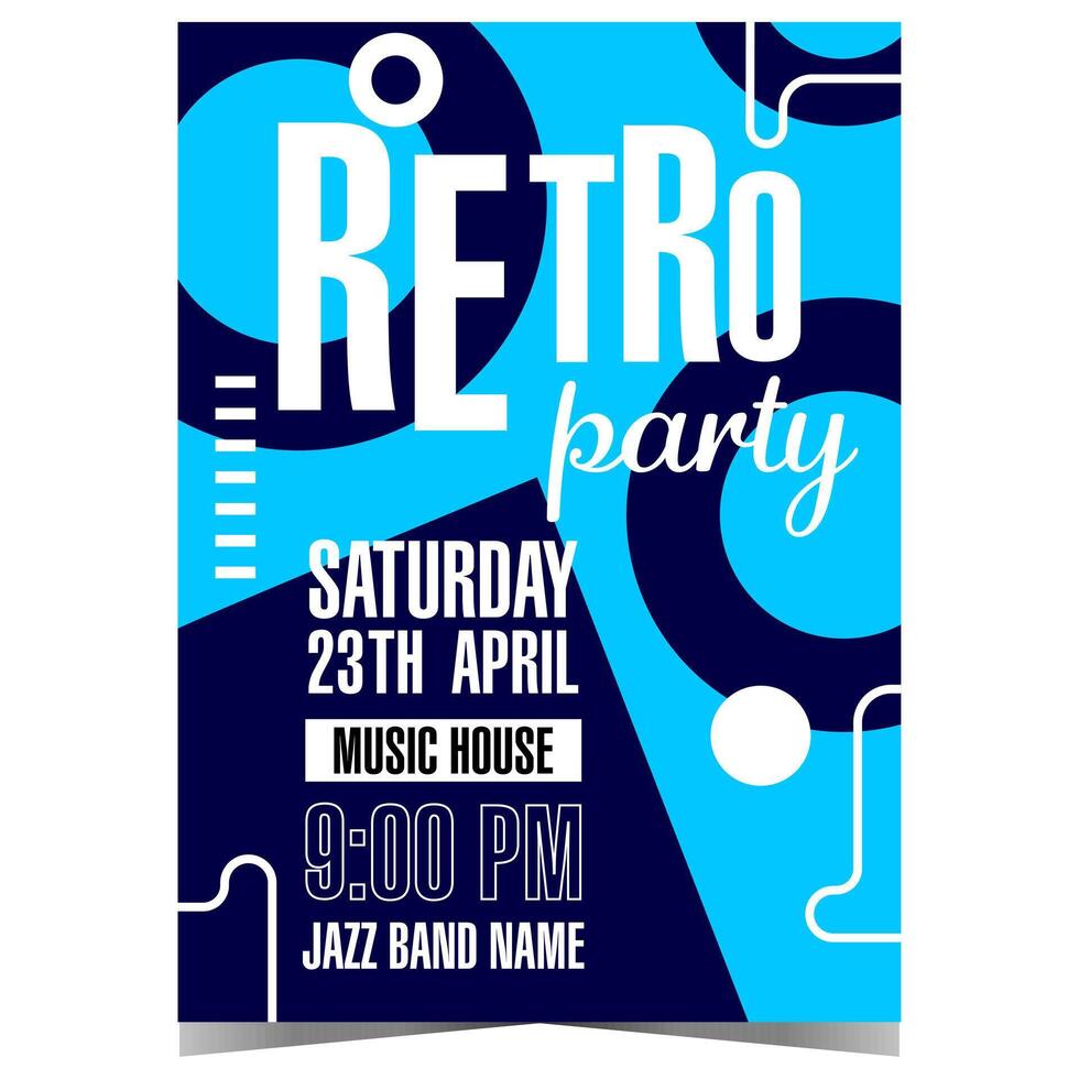 retro muziek- partij uitnodiging sjabloon voor disco dans evenement Bij nachtclub. vector ontwerp banier, poster of folder met abstract elementen Aan blauw achtergrond voor leven tonen of vermaak evenement.
