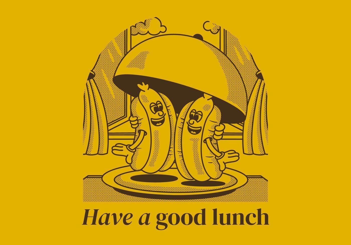 hebben een mooi zo lunch. karakter illustratie van twee heet hond Aan de bord vector