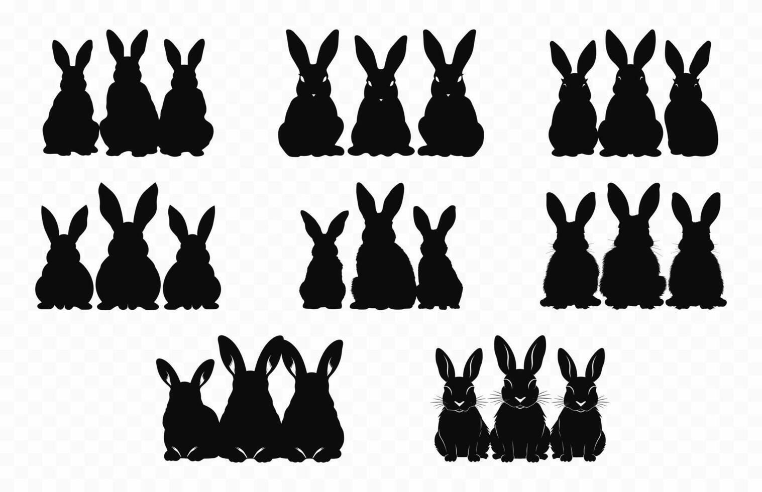drie konijn vrienden zijn zittend silhouet vector set, konijn silhouetten, Pasen konijntjes zwart clip art